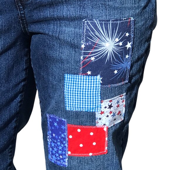 Upcycled Patchwork Jean Capris: Patriotic Theme Cropped Pants 4th of July, 12P - Picture 6 of 12